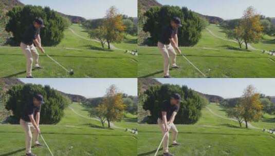 中高尔夫球手在高尔夫球场挥杆高清在线视频素材下载
