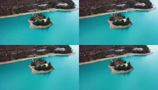 巴松措湖心岛航拍高清在线视频素材下载