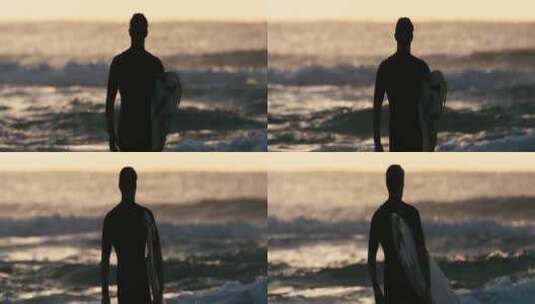 海边的冲浪者剪影高清在线视频素材下载