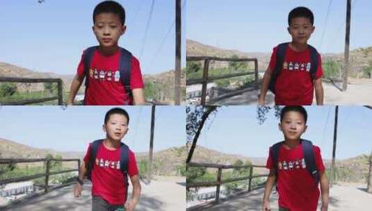 背书包奔跑着去上学的农村小学生高清在线视频素材下载