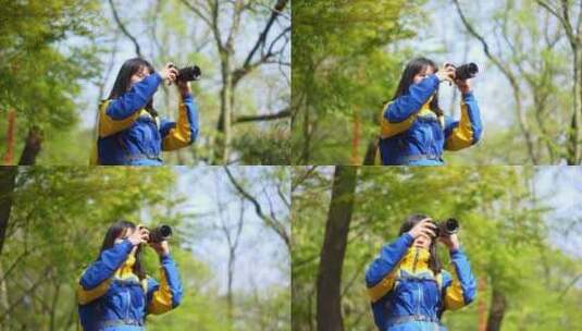 阳光明媚的春天年轻女孩拿着相机在路上拍照高清在线视频素材下载