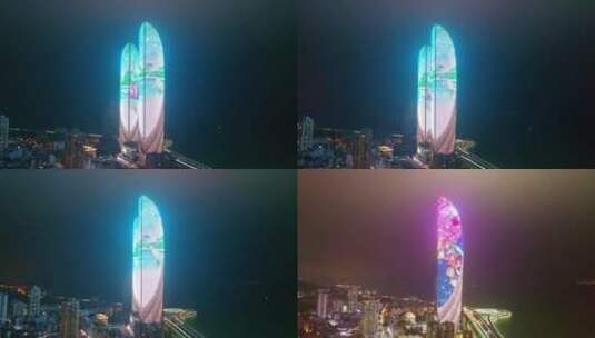 航拍演武大桥世茂海峡双子大厦夜晚灯光秀高清在线视频素材下载