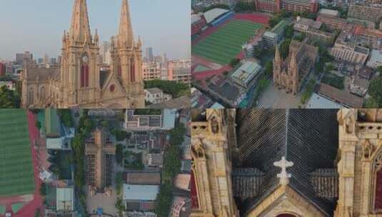 广州石室圣心大教堂4K航拍高清在线视频素材下载
