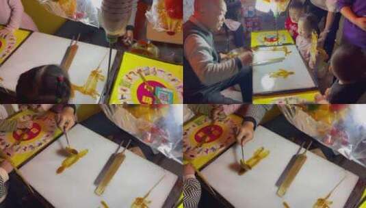 小朋友围观糖画手艺人一组1高清在线视频素材下载