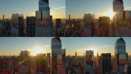城市航拍阳光照射过摩天大楼 高端商务地产高清在线视频素材下载