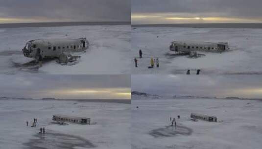 4K冰岛雪山雪地北极圈飞机残骸航拍高清在线视频素材下载