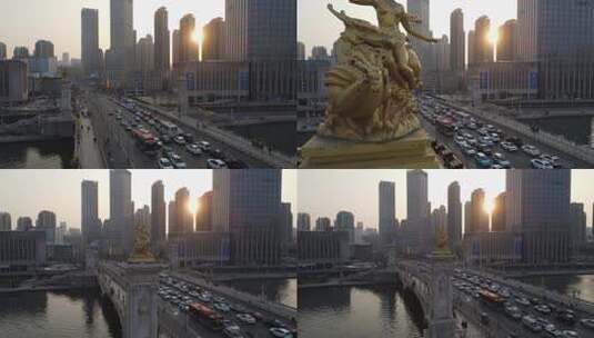0065高清4k航拍天津海河地标北安桥雕塑夕阳高清在线视频素材下载