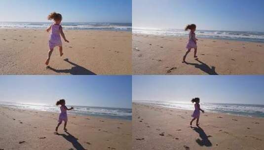 小女孩在海滩上奔向大海高清在线视频素材下载