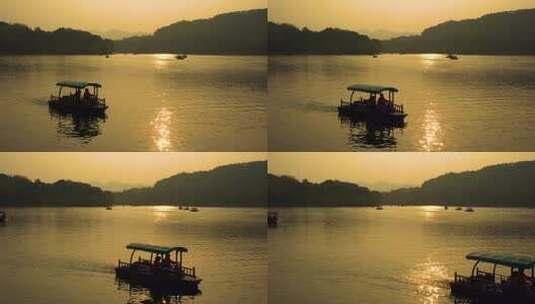 黄昏杭州西湖湖面远山水面夕阳西下落日风景高清在线视频素材下载