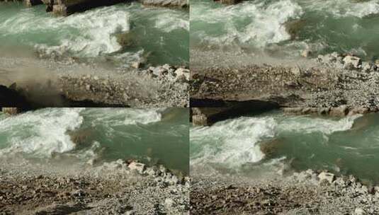 石头沿山体滚到河水地震滑坡泥石流地质灾害高清在线视频素材下载
