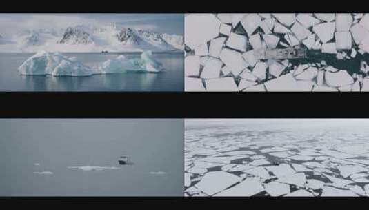 航拍探险船破冰船暴风雪中抵达北极冰山冰川高清在线视频素材下载