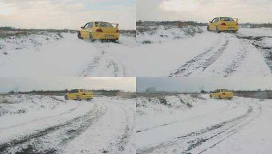 乌克兰奥德萨——2019年1月16日。专业赛车手训练车在雪地拉力赛赛道上漂移。慢动作120fps。三菱枪骑兵高清在线视频素材下载