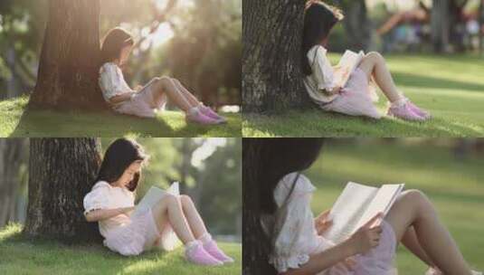 小女孩在阳光明媚的草地上看书【商用需购买高清在线视频素材下载