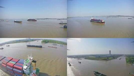 航拍长江轮船货轮江边高清在线视频素材下载