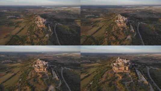 葡萄牙黄昏的蒙萨拉兹城堡。空中接近高清在线视频素材下载