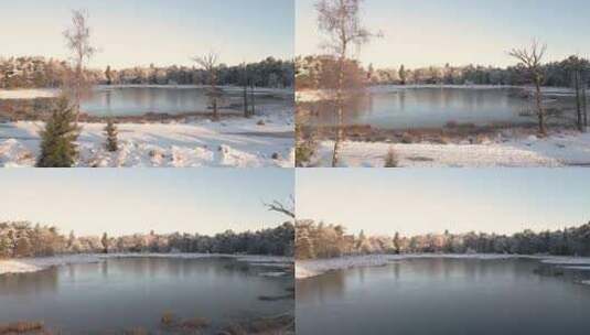 航拍湖面周边被大雪覆盖的森林高清在线视频素材下载