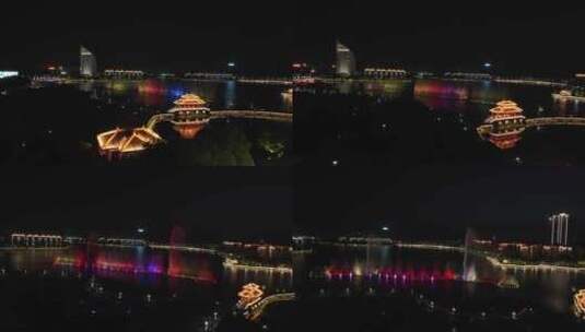 4K航拍鄂州地标城市夜景凤凰广场喷泉夜景高清在线视频素材下载