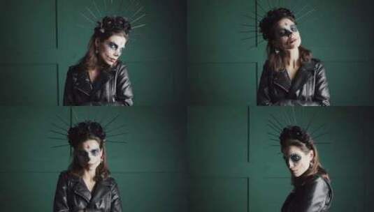 一个化着令人毛骨悚然的妆的女人高清在线视频素材下载