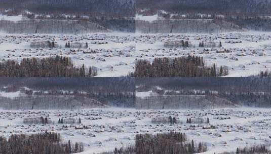 航拍新疆禾木雪景森林雪地小木屋禾木桥雪山高清在线视频素材下载