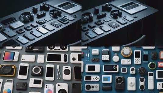 桌面上摆放的各类电子产品高清在线视频素材下载