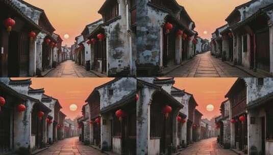 江南古镇夕阳下的古街景象高清在线视频素材下载