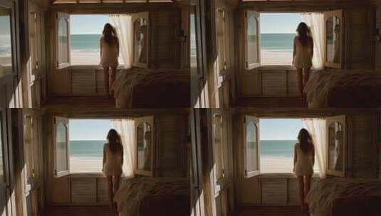 女子于卧室窗边眺望海景高清在线视频素材下载