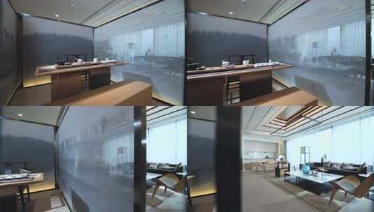 室内设计现代简约室内设计，玻璃隔断与茶桌布置高清在线视频素材下载