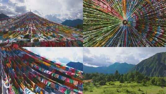 西藏林芝高原五彩的祈福经幡航拍4K高清在线视频素材下载