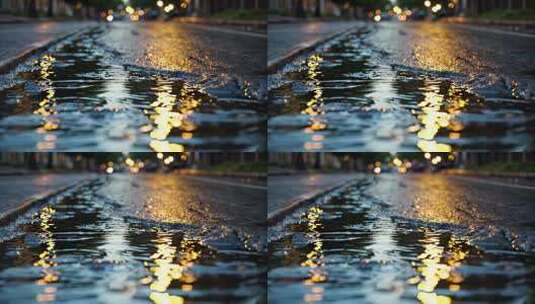 夜晚街道积水倒影灯光画面高清在线视频素材下载
