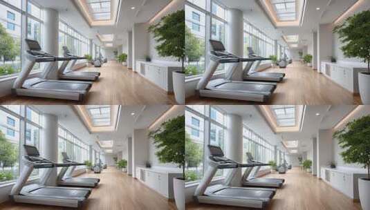 明亮健身房跑步机运动健康生活方式高清在线视频素材下载