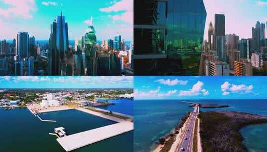 巴拿马运河和标志性建筑航拍高清在线视频素材下载