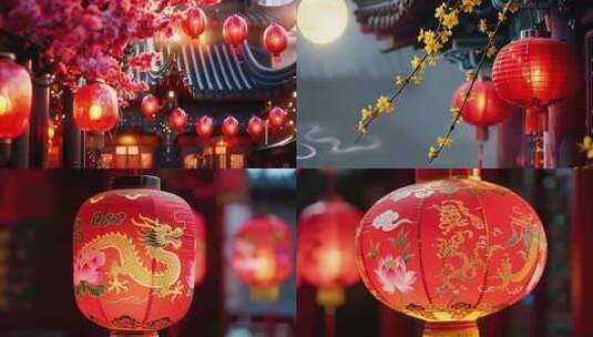 古风建筑挂红灯笼夜景高清在线视频素材下载