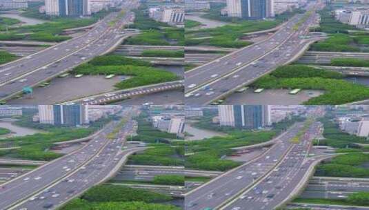 航拍城市高架桥拥堵车辆竖屏高清在线视频素材下载
