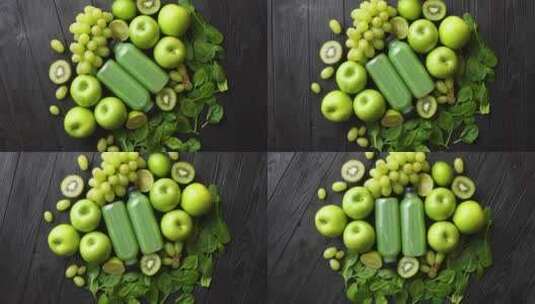 放在黑色木桌上的绿色水果和蔬菜高清在线视频素材下载