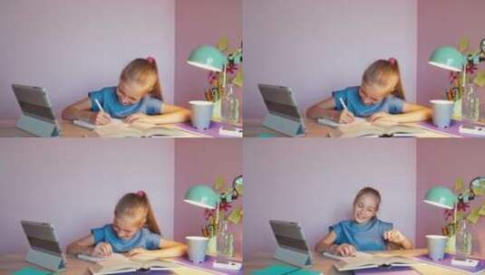 女孩写作业伸懒腰放松高清在线视频素材下载