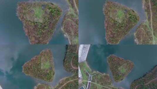 4k航拍蓝天下的水库堤坝湖心小岛高清在线视频素材下载