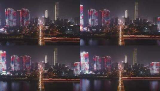 湖南长沙湘江橘子洲城市夜景灯光秀航拍高清在线视频素材下载