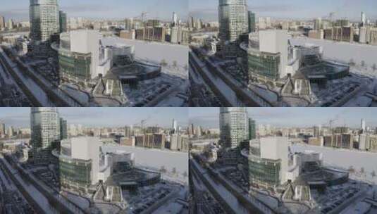无人驾驶飞机在现代城市上空高空飞行高清在线视频素材下载