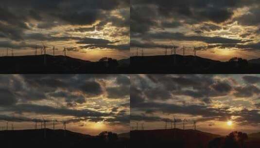 夕阳落下风车的延时镜头高清在线视频素材下载