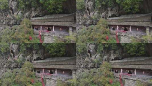 山间老寺庙建筑长廊航拍高清在线视频素材下载