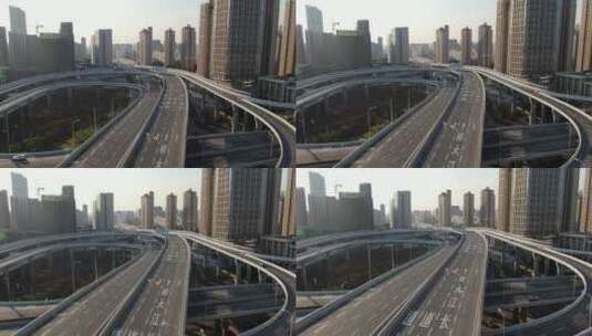 航拍武汉疫情封城 通往大桥无人高速公路 降高清在线视频素材下载