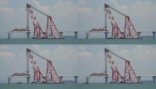厦门翔安大桥建设中小船穿行蓝天白云视频高清在线视频素材下载