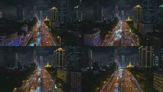 上海延安高架路车流夜景航拍高清在线视频素材下载