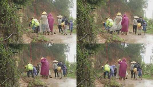 夏季山洪大水冲垮道路村民修路高清在线视频素材下载
