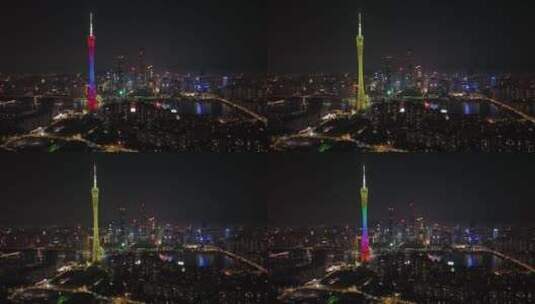 广州地标广州塔夜景航拍高清在线视频素材下载