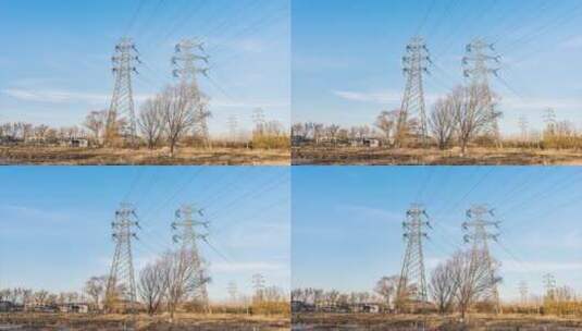 北京户外输电塔能源传输电力塔延时流云高清在线视频素材下载