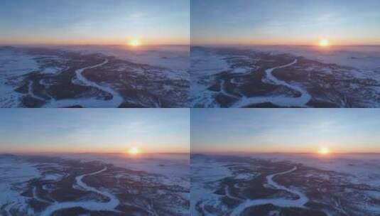 航拍冬季雪原河湾日落高清在线视频素材下载