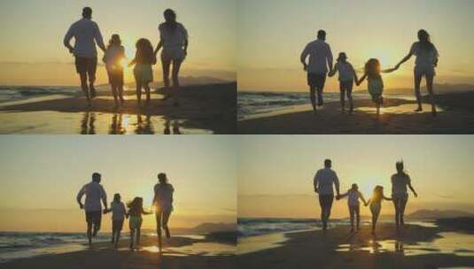 日落时分在海滩上全家欢奔高清在线视频素材下载