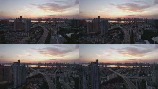 高架二环线大桥全景夕阳晚霞航拍高清在线视频素材下载