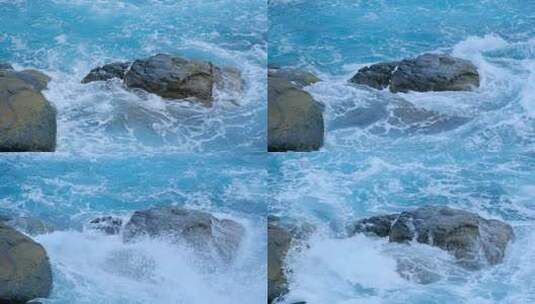 海边浪花 蓝色海水 海浪拍打礁石岩石高清在线视频素材下载